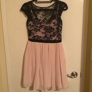 Bloomingdale’s Aqua Black & Pink Lace Bodice Dress